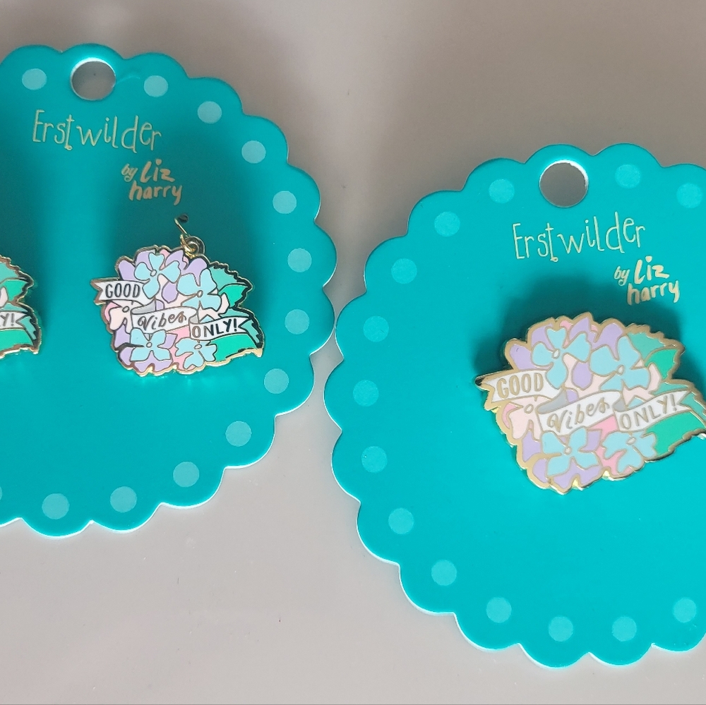 Erstwilder Good Vibes Only Pin Brooch and earrings set